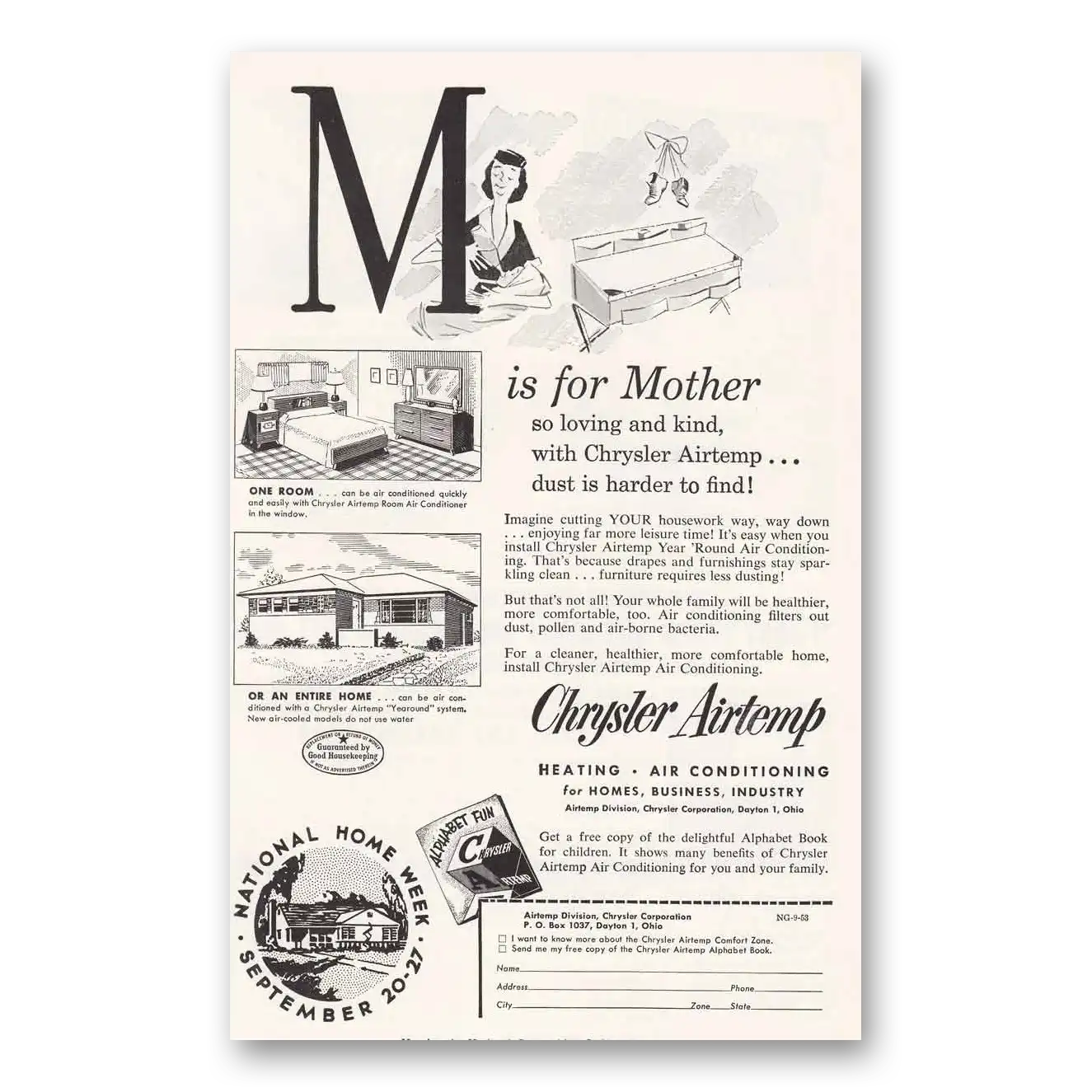 1953 Airtemp Air Conditioning M is for Mother Vintage Magazine Print Ad