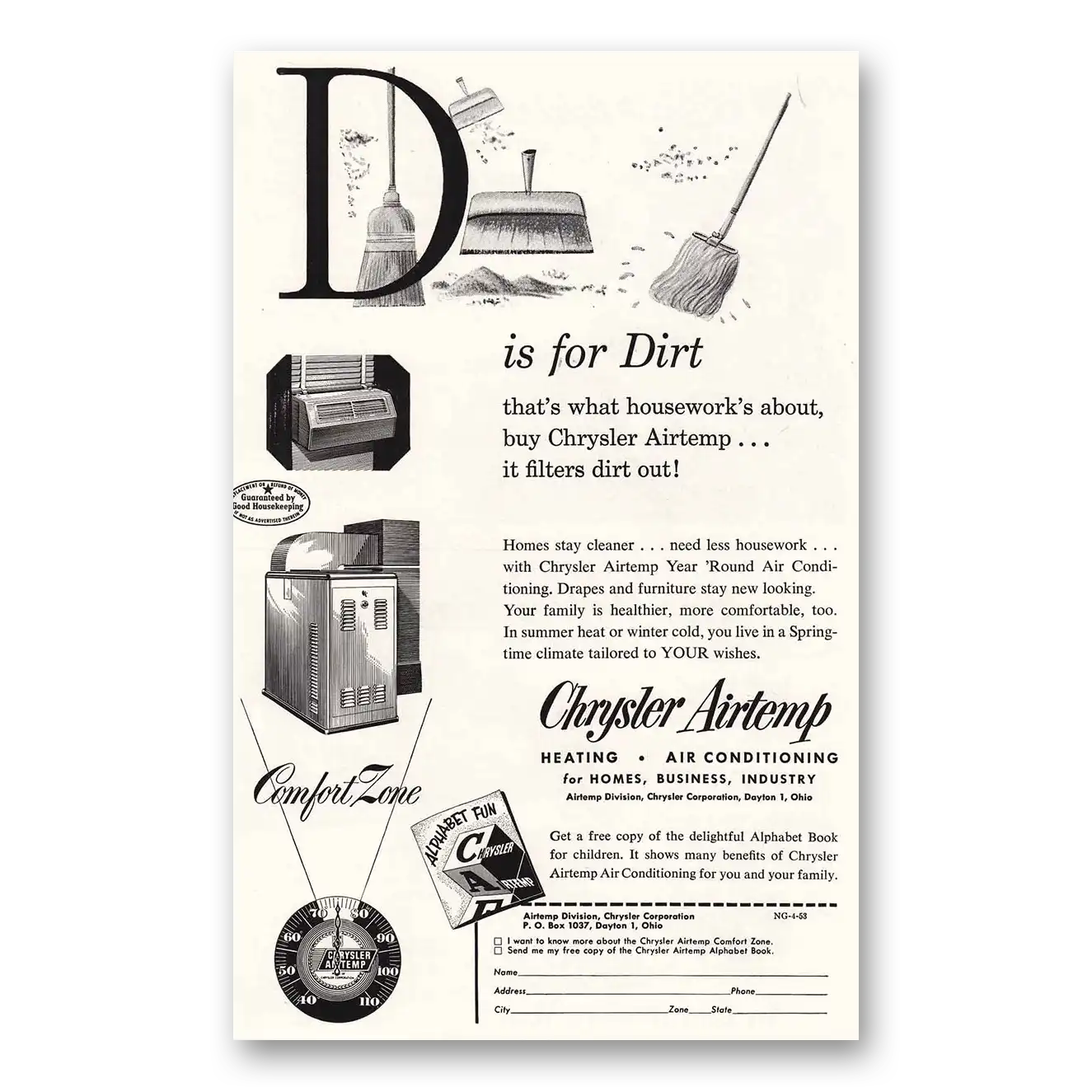 1953 Airtemp Air Conditioning D is for Dirt Vintage Magazine Print Ad