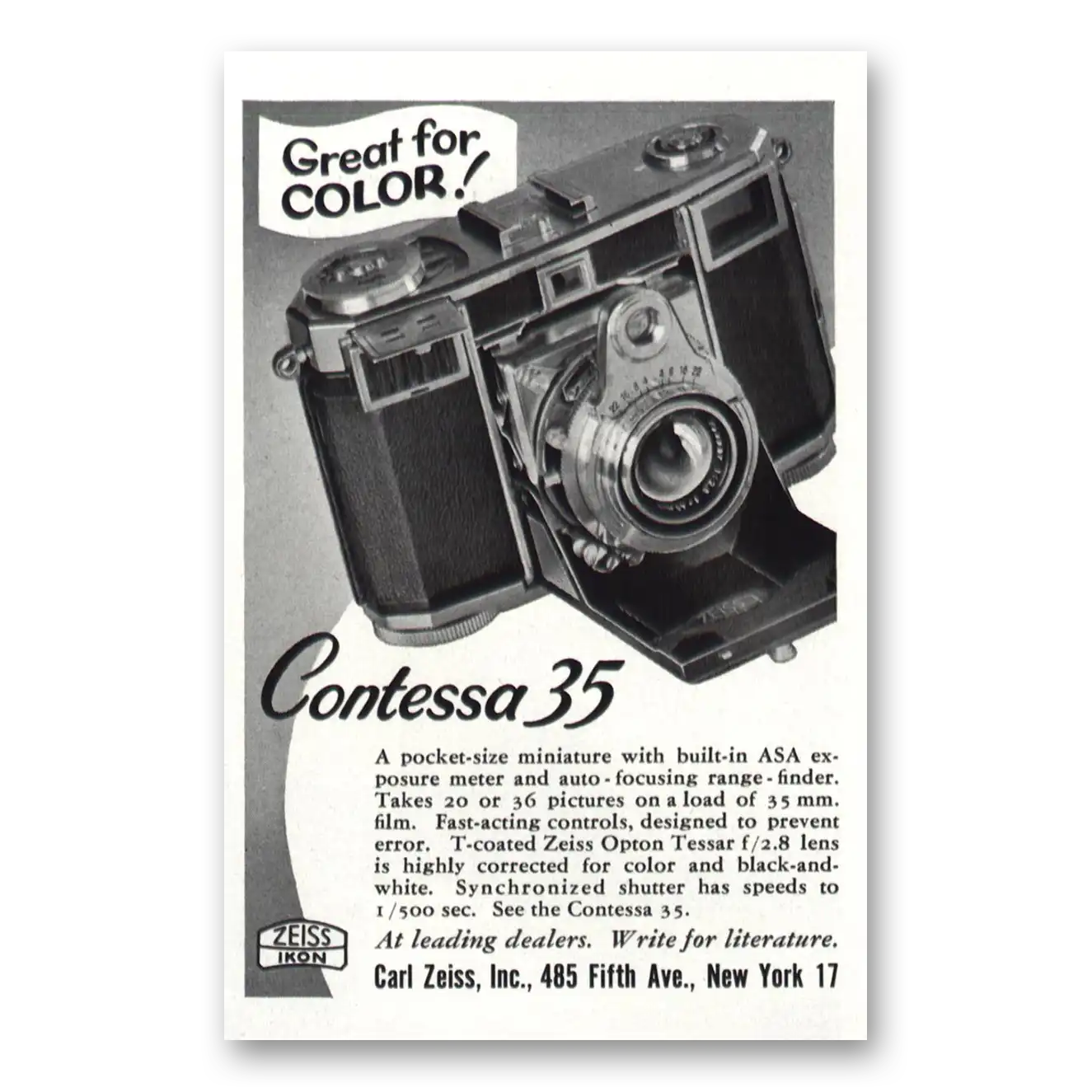 1953 Zeiss Contessa Camera Great for Color Vintage Magazine Print Ad