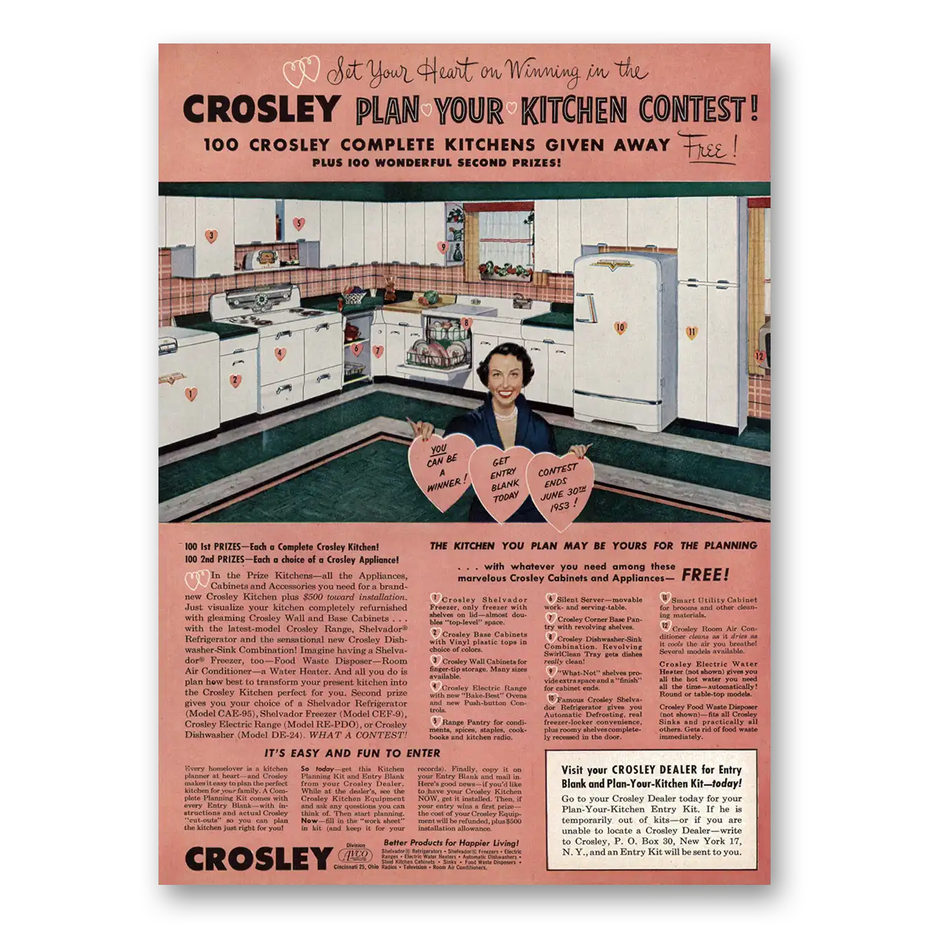 1953 Crosley Plan Your Kitchen Contest Set Your Heart On Winning Vintage Magazine Print Ad