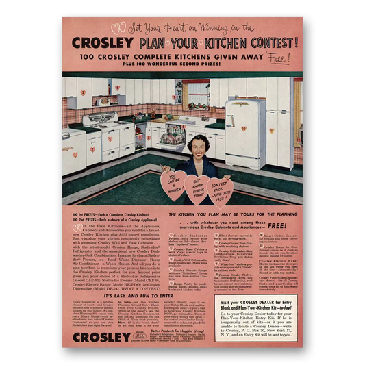 1953 Crosley Plan Your Kitchen Contest Set Your Heart On Winning Vintage Magazine Print Ad