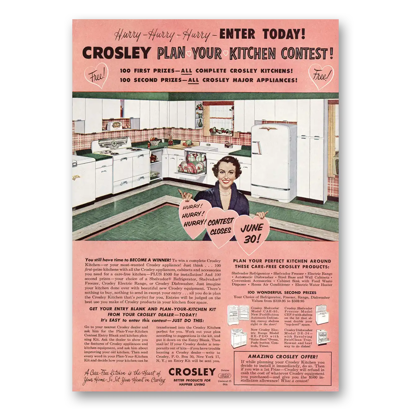 1953 Crosley Plan Your Kitchen Contest June 30 Vintage Magazine Print Ad