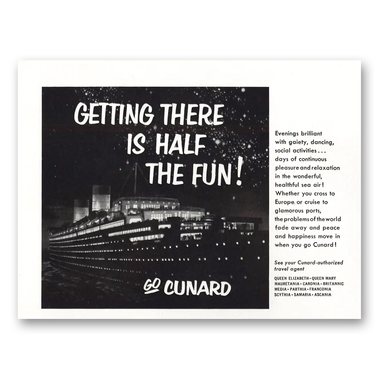 1953 Cunard Getting There Half the Fun Vintage Magazine Print Ad