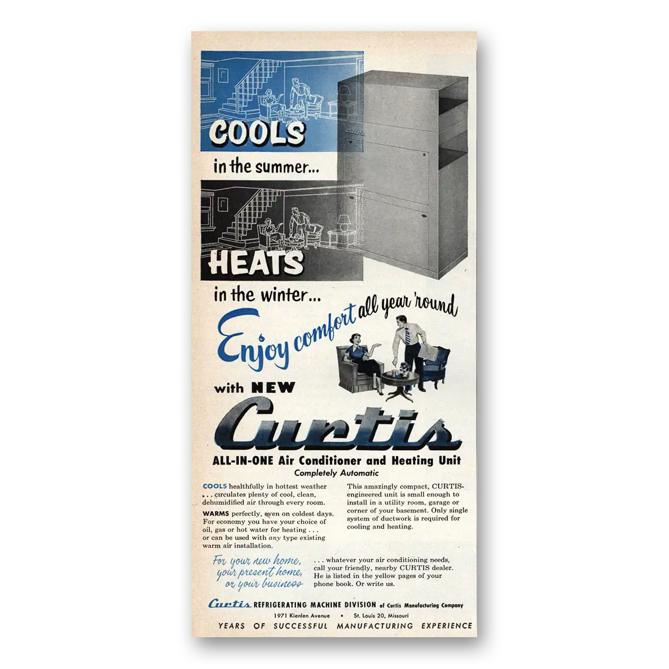 1953 Curtis Air Conditioner All In One Air Conditioner and Heating Unit Vintage Magazine Print Ad