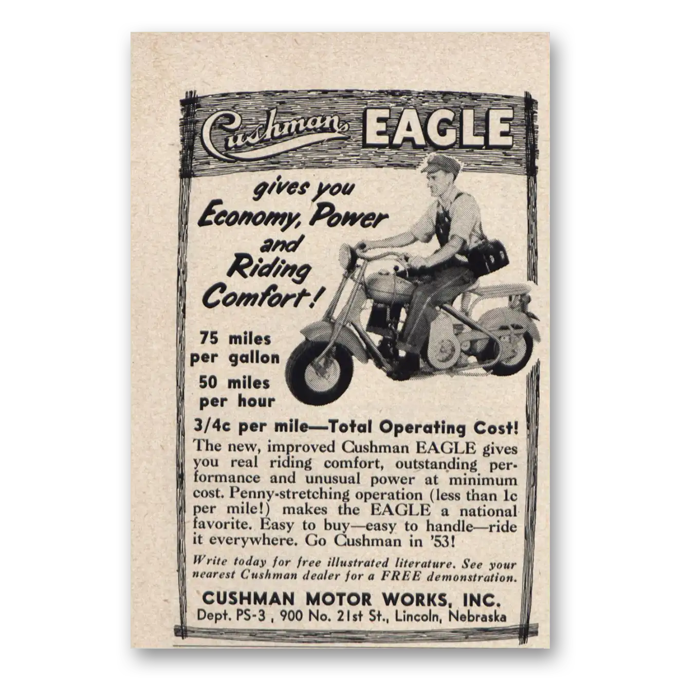 1953 Cushman Eagle Economy Power and Riding Comfort Vintage Magazine Print Ad