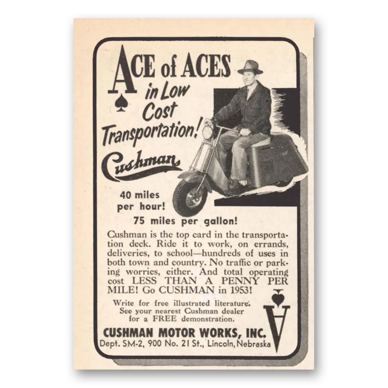 1953 Cushman Motors Ace of Aces Vintage Magazine Print Ad