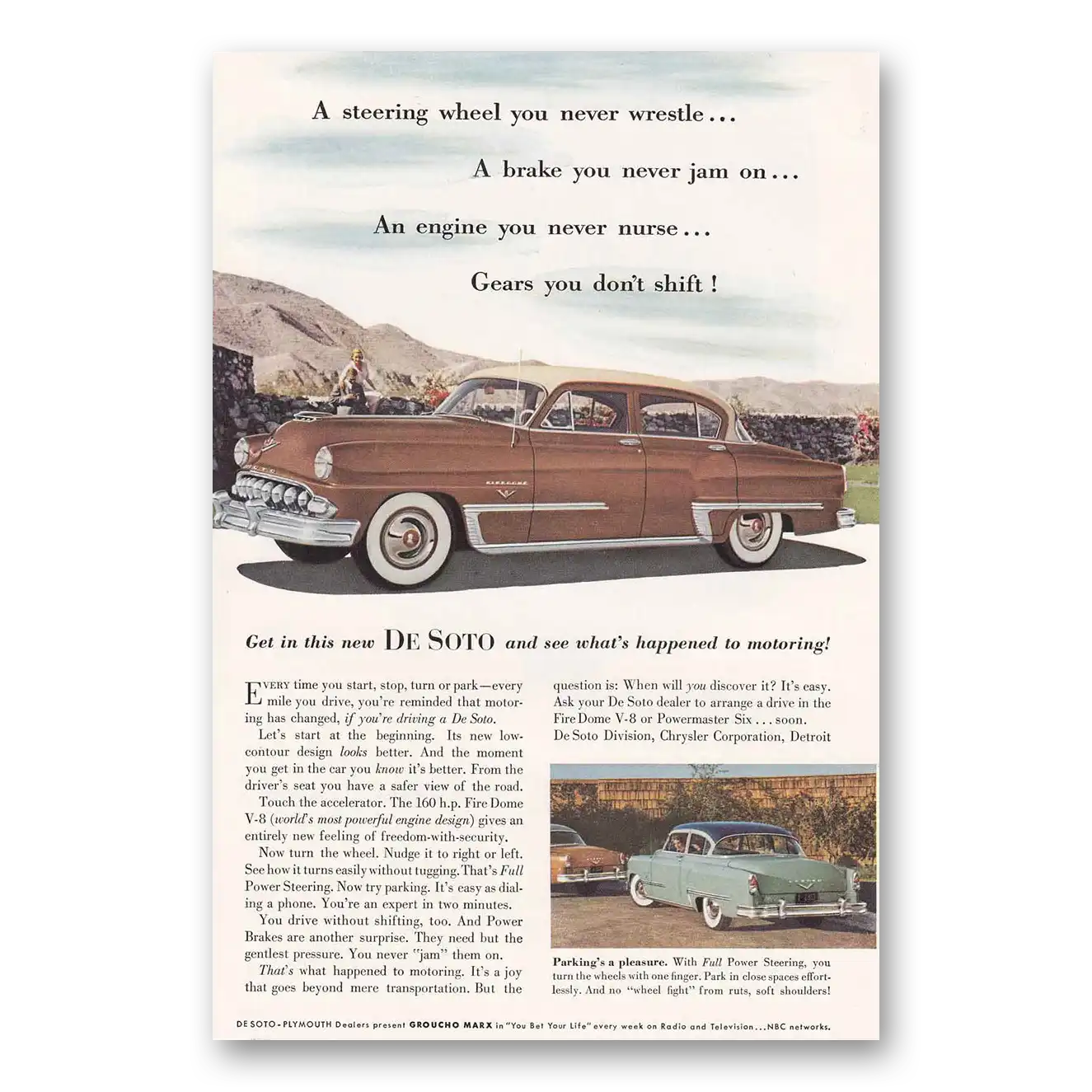 1953 DeSoto Steering Wheel You Never Wrestle Vintage Magazine Print Ad