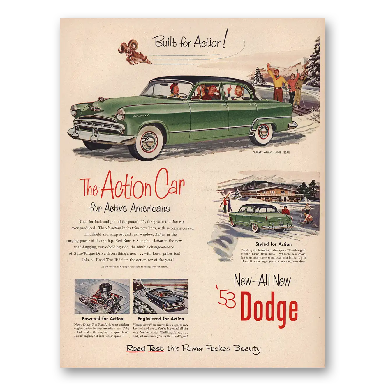 1953 Dodge Coronet Action Car for Active Americans Vintage Magazine Print Ad