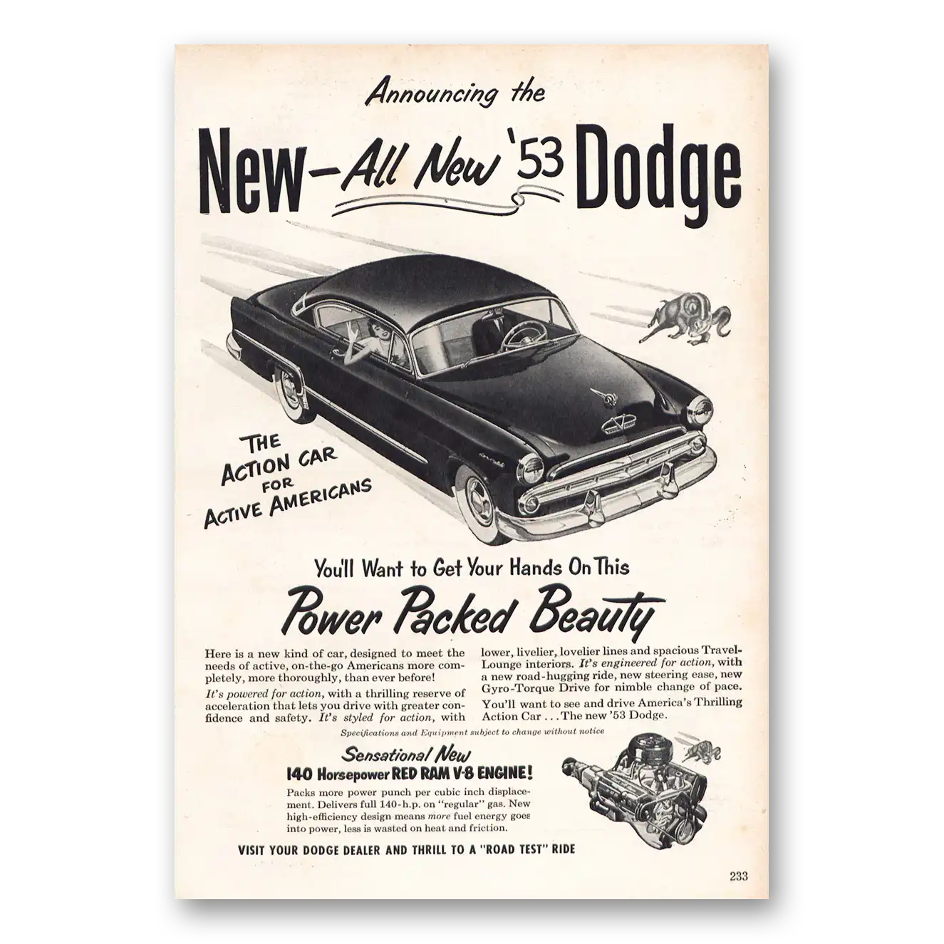 1953 Dodge Power Packed Beauty Vintage Magazine Print Ad