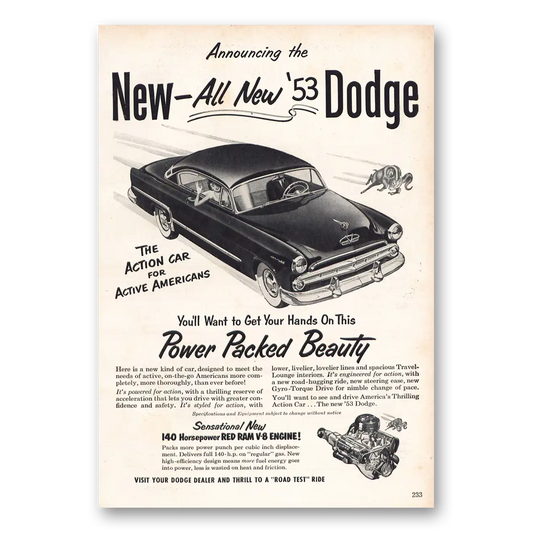 1953 Dodge Power Packed Beauty Vintage Magazine Print Ad