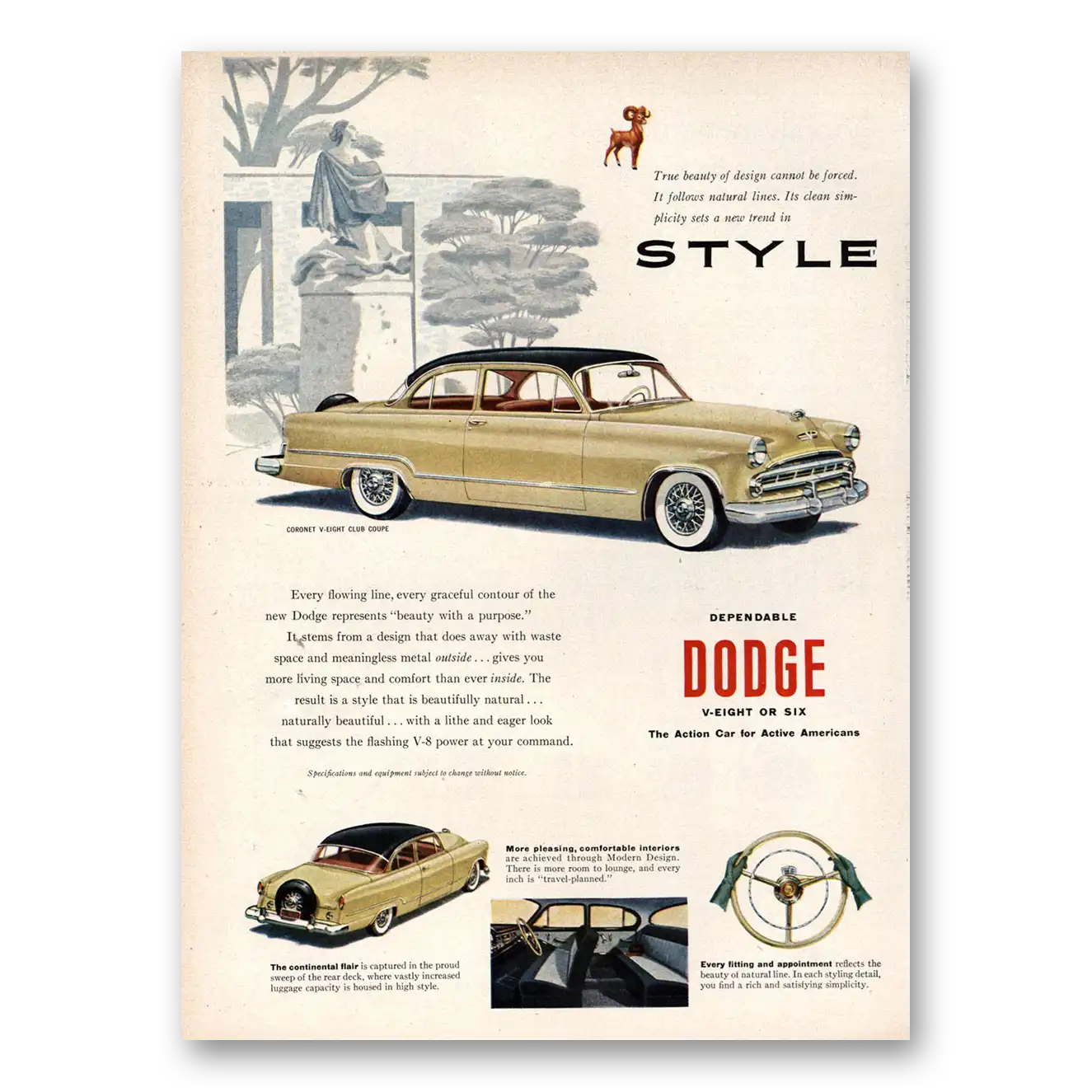 1953 Dodge Coronet True Beauty of Design Style Vintage Magazine Print Ad