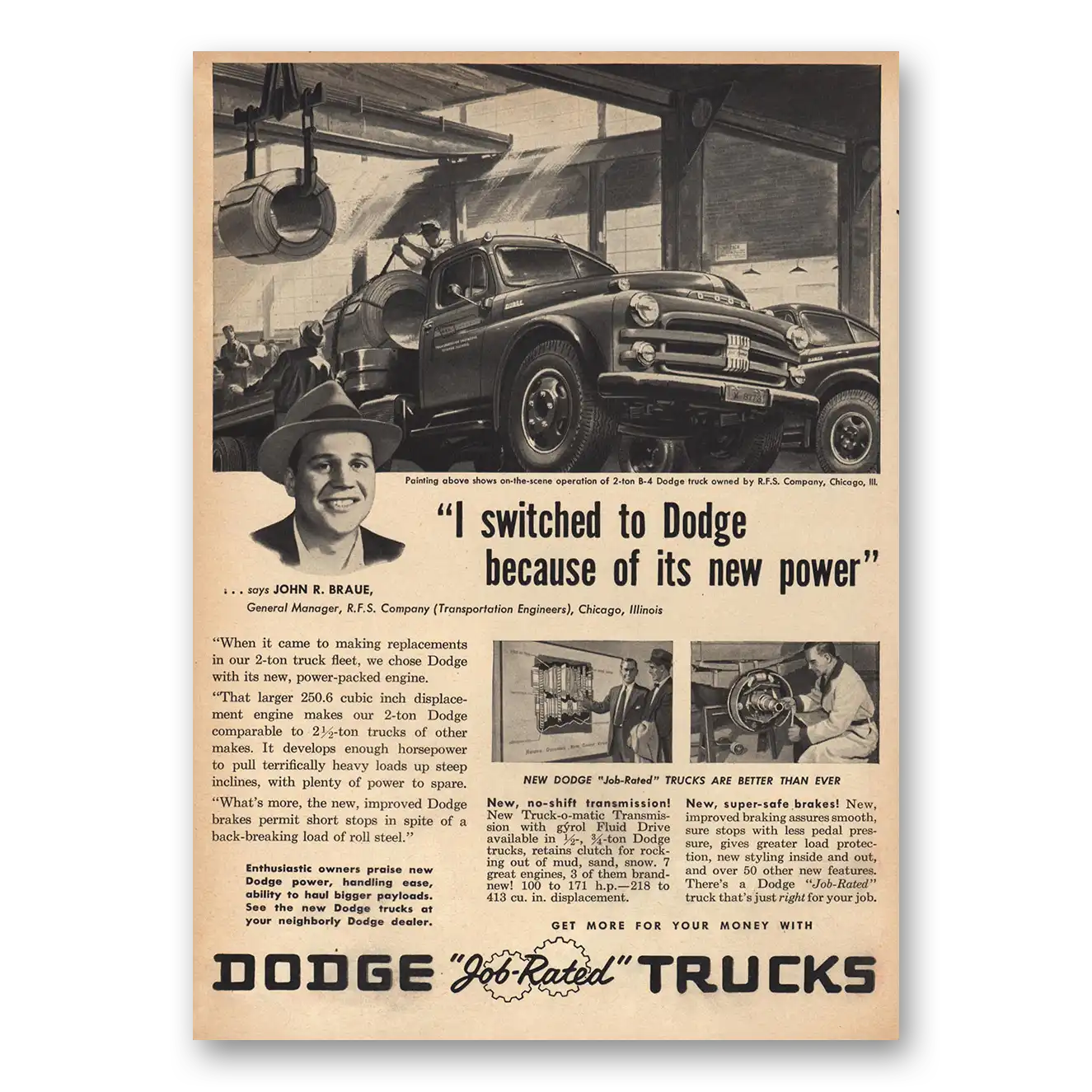 1953 Dodge Trucks Switched to Dodge Because New Power Vintage Magazine Print Ad