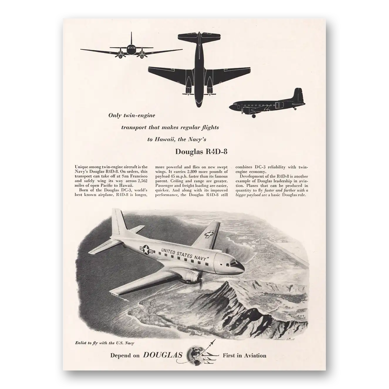 1953 Douglas R4D8 Regular Flights to Hawaii Navy Vintage Magazine Print Ad