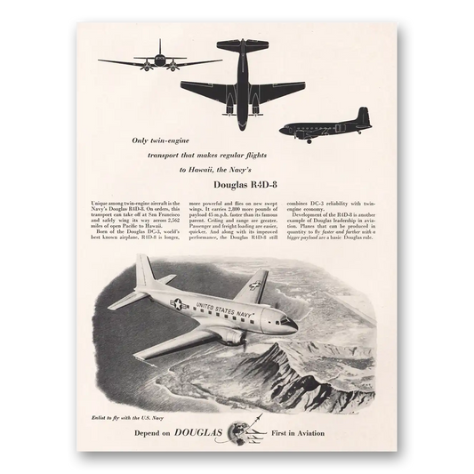 1953 Douglas R4D8 Regular Flights to Hawaii Navy Vintage Magazine Print Ad