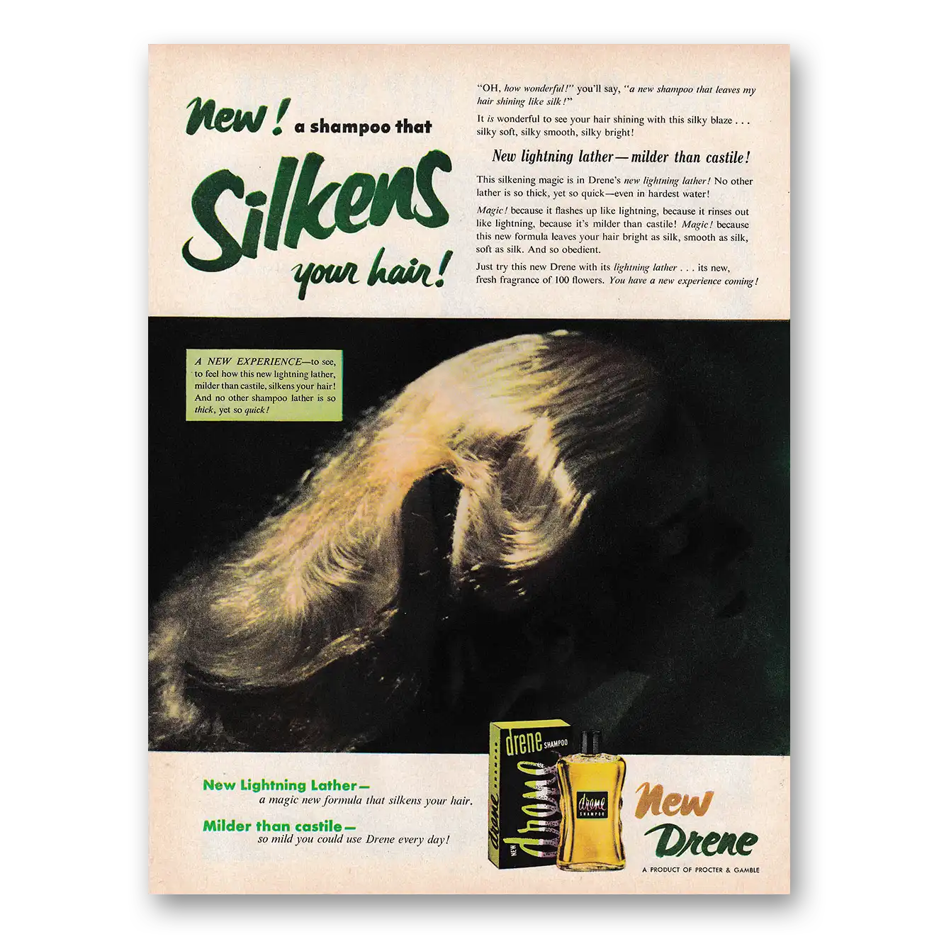 1953 Drene Shampoo Silkens Your Hair Lightning Lather Vintage Magazine Print Ad