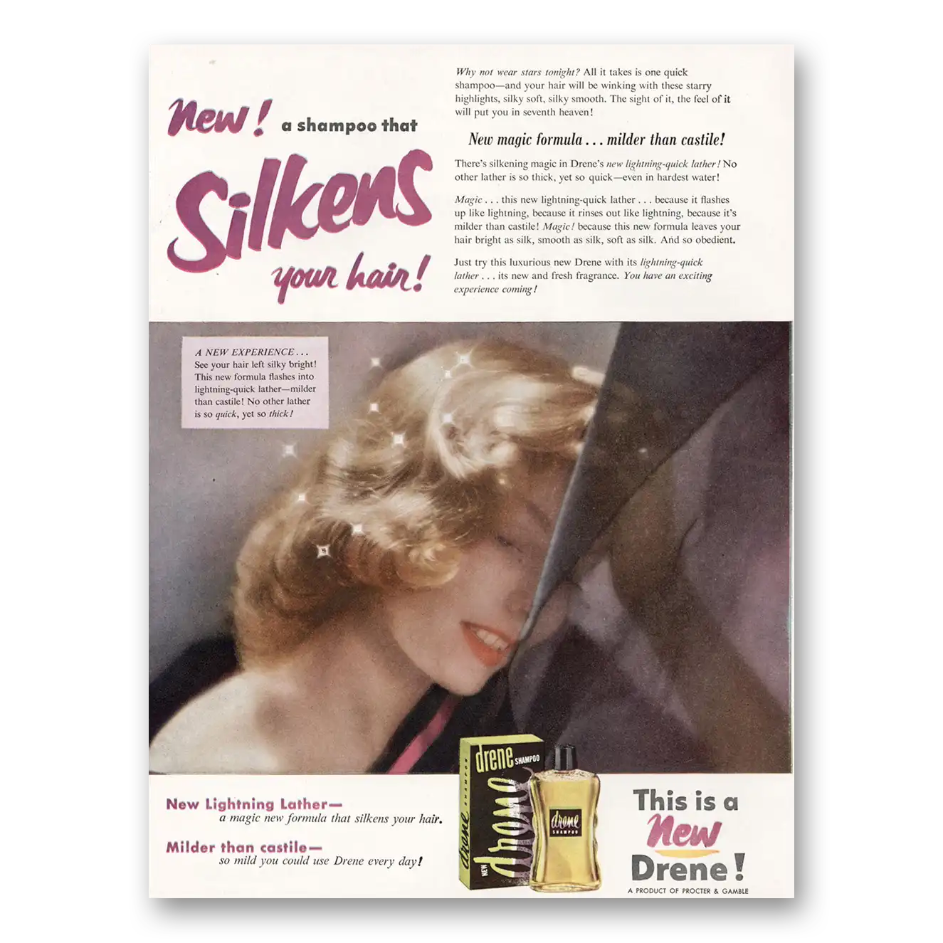 1953 Drene Shampoo Silkens Your Hair Magic Formula Vintage Magazine Print Ad