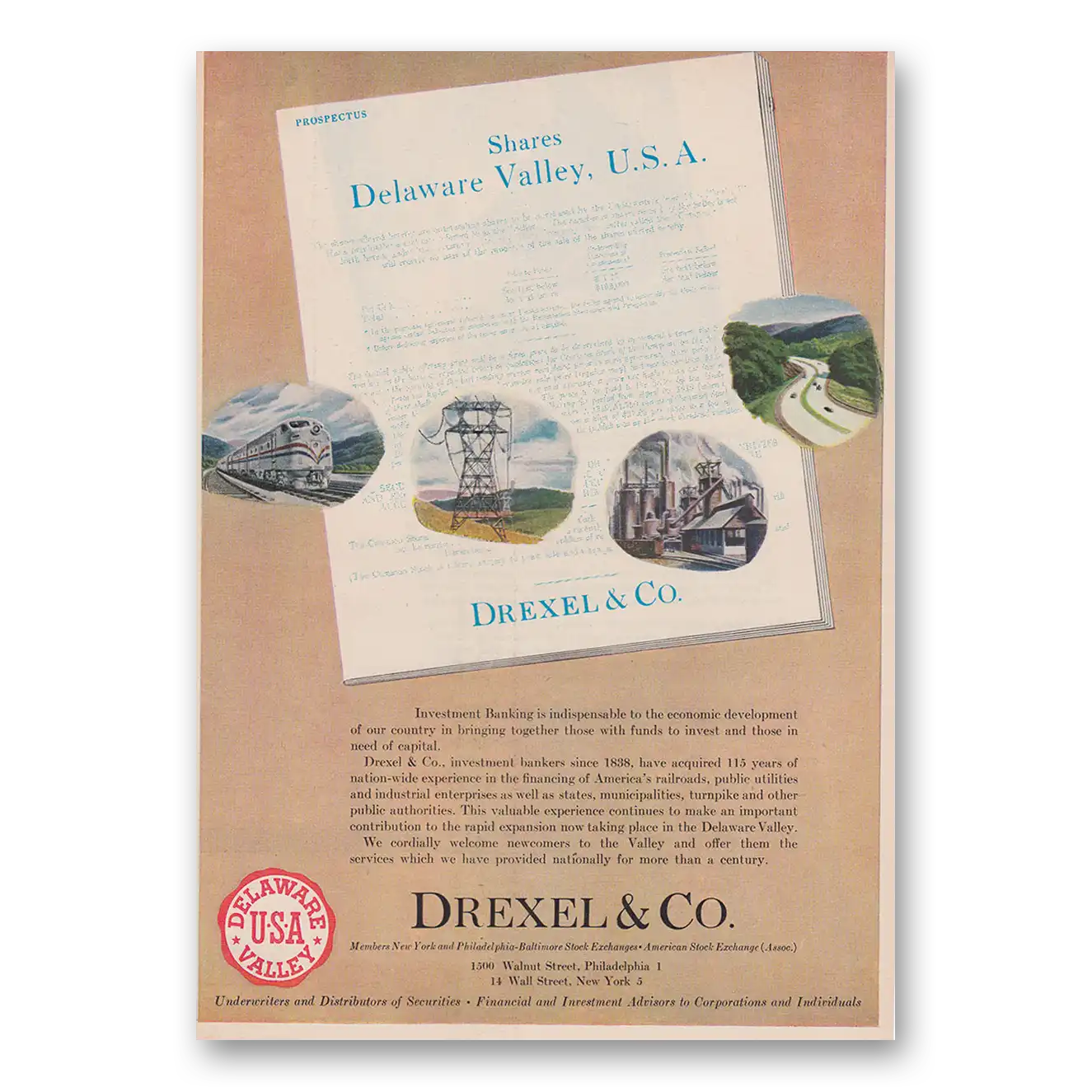 1953 Drexel & Co Delaware Valley Vintage Magazine Print Ad