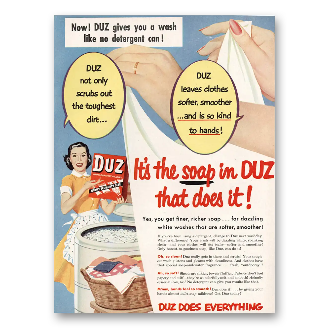 1953 Duz Detergent Gives You a Wash Like No Detergent Vintage Magazine Print Ad