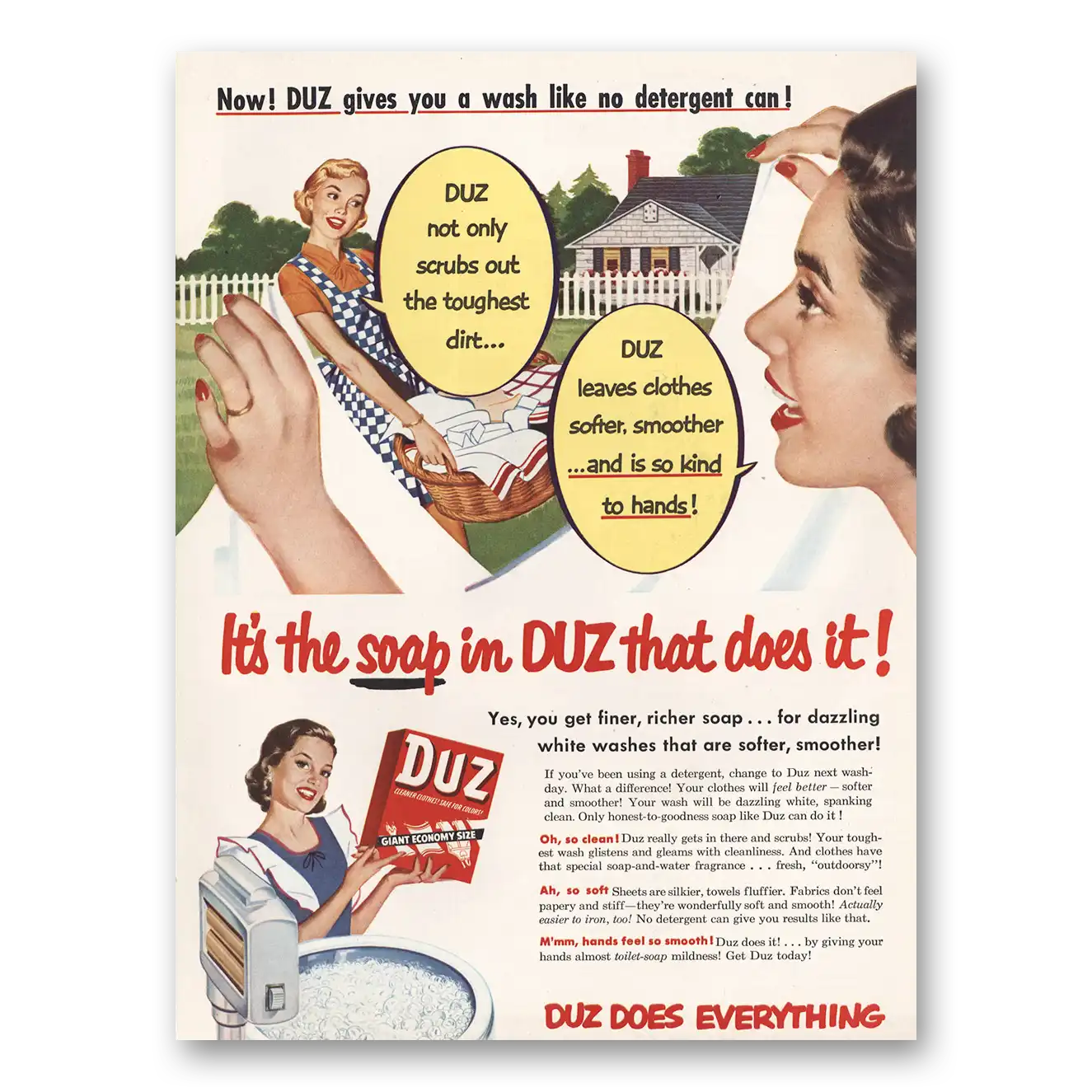 1953 Duz Detergent Scrubs Out Toughest Dirt Vintage Magazine Print Ad