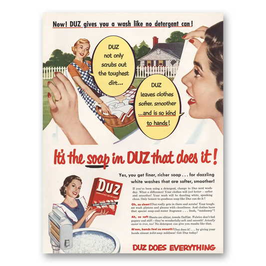 1953 Duz Detergent Scrubs Out Toughest Dirt Vintage Magazine Print Ad