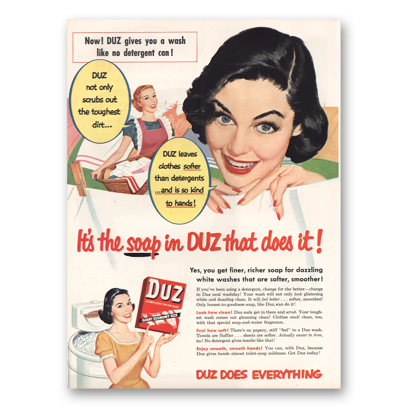 1953 Duz Detergent Not Only Scrubs Out Vintage Magazine Print Ad