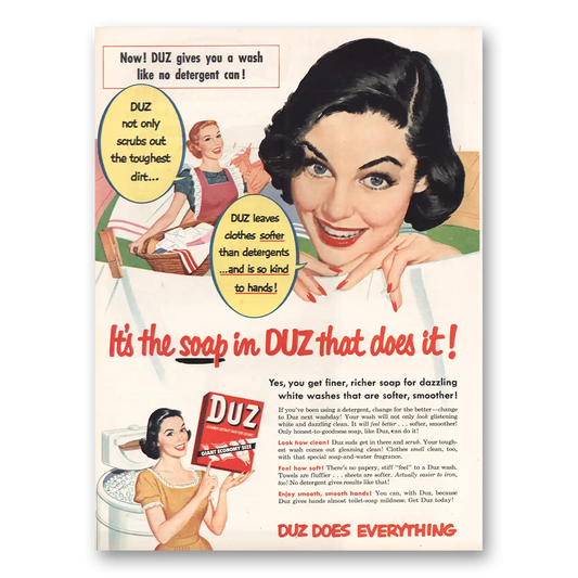 1953 Duz Detergent Not Only Scrubs Out Vintage Magazine Print Ad