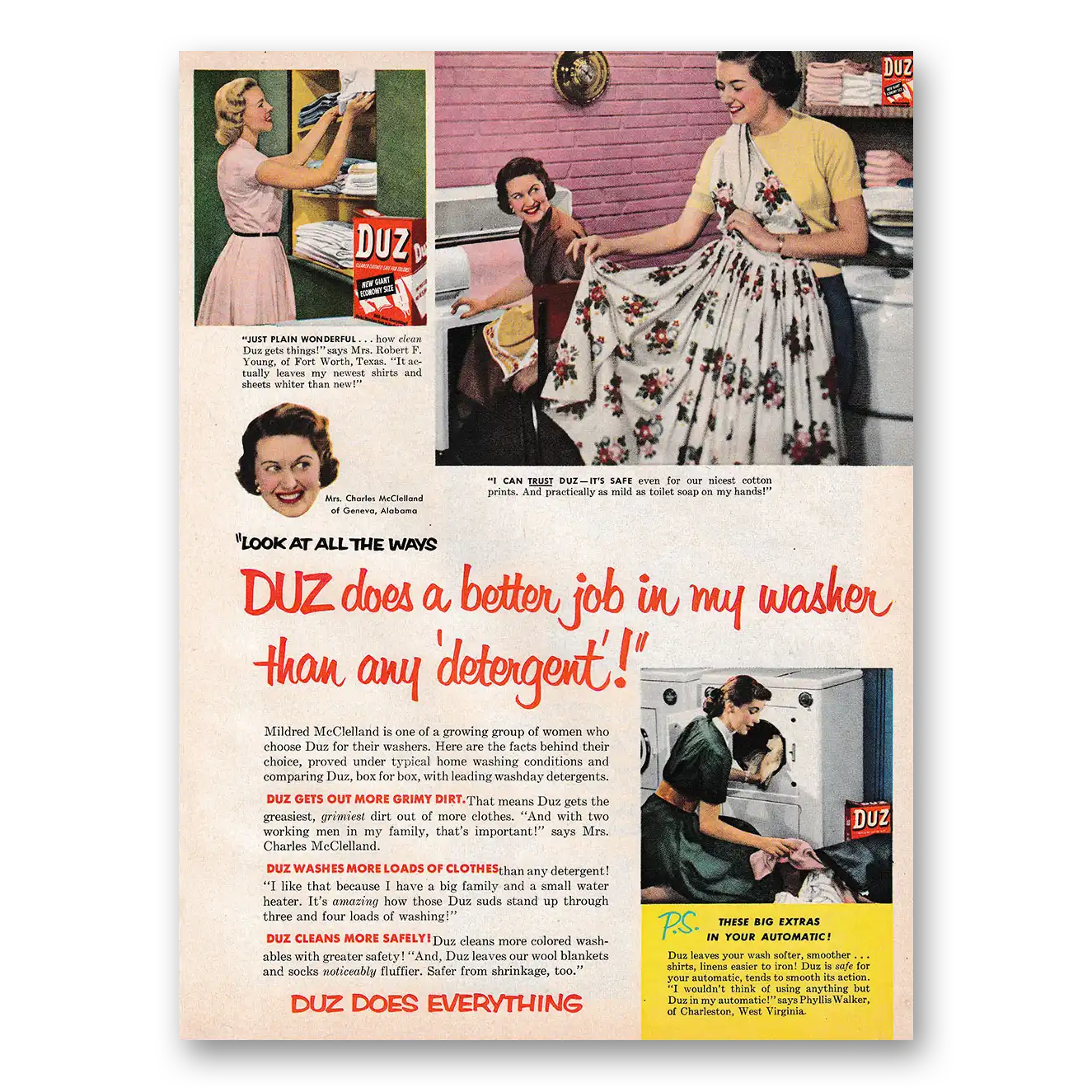 1953 Duz Detergent Does a Better Job In My Washer Vintage Magazine Print Ad