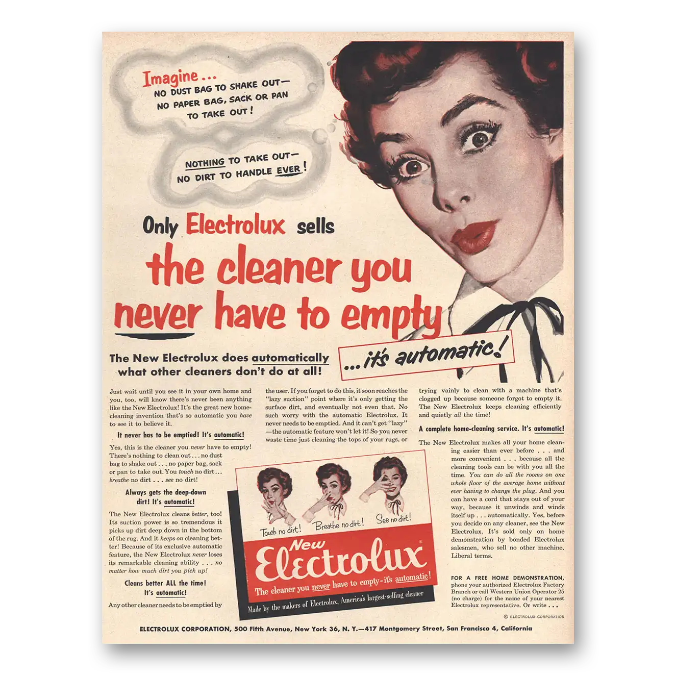 1953 Electrolux Cleaner You Never Have to Empty Vintage Magazine Print Ad