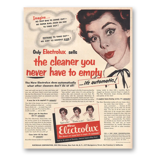 1953 Electrolux Cleaner You Never Have to Empty Vintage Magazine Print Ad