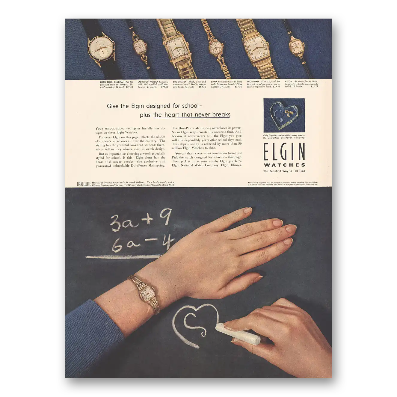 1953 Elgin Watch Designed for School Vintage Magazine Print Ad