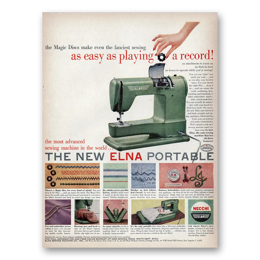 1953 Elna Sewing Machines Easy As Playing a Record Vintage Magazine Print Ad