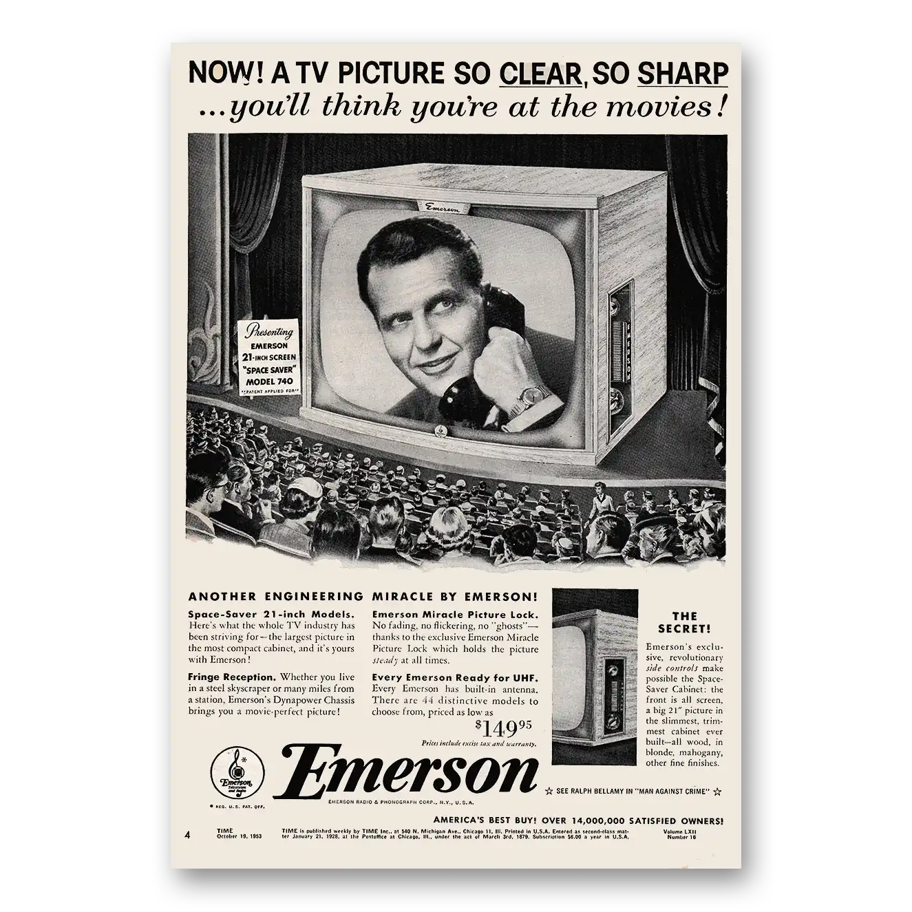 1953 Emerson Television Think You're At the Movies Vintage Magazine Print Ad