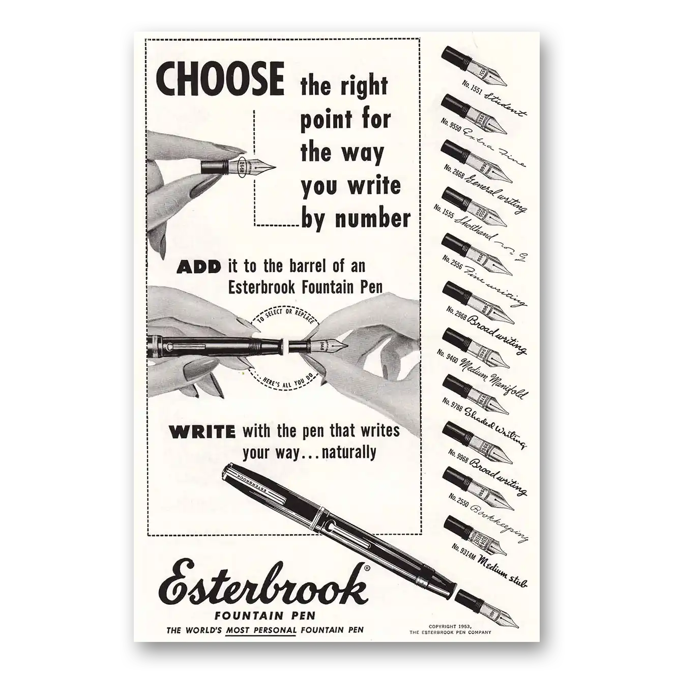 1953 Esterbrook Fountain Pen Right Point Write By Number Vintage Magazine Print Ad