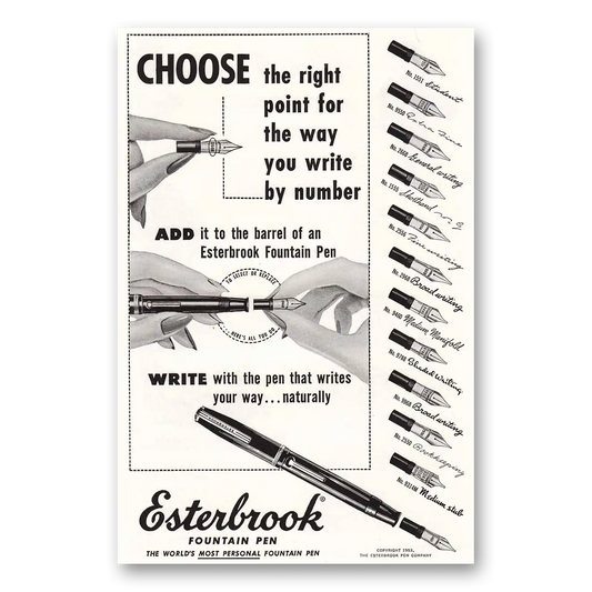 1953 Esterbrook Fountain Pen Right Point Write By Number Vintage Magazine Print Ad