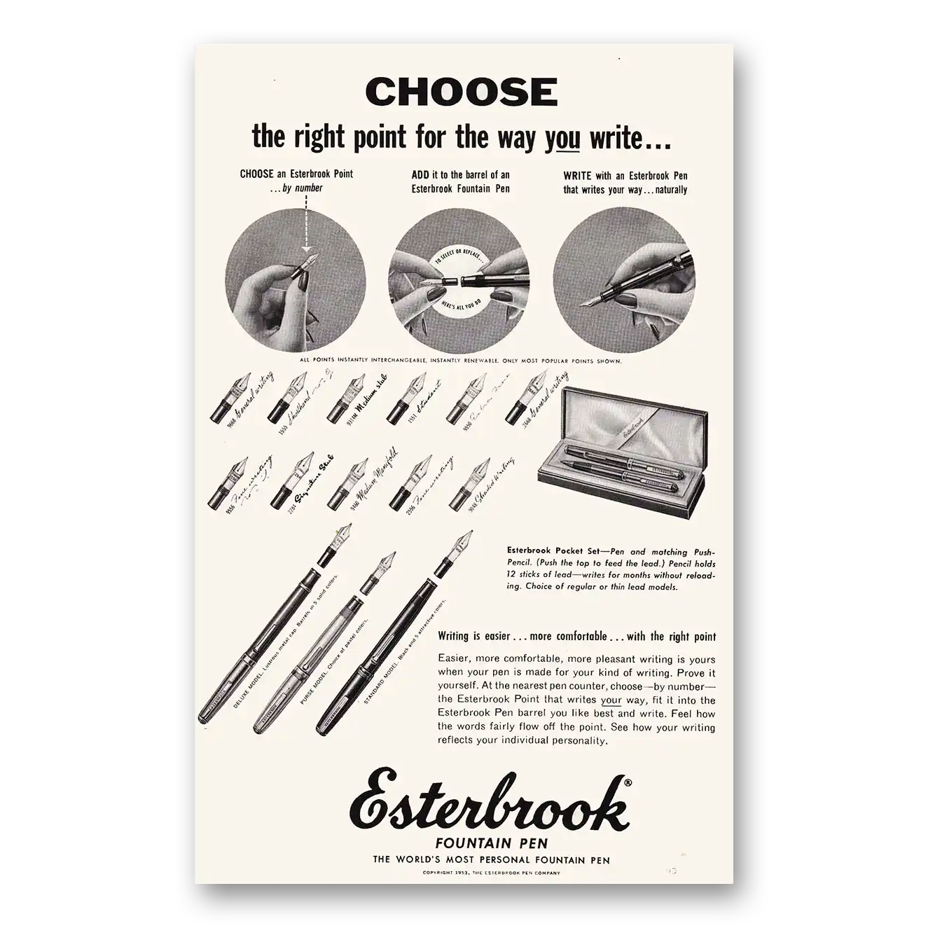 1953 Esterbrook Fountain Pen Right Point Vintage Magazine Print Ad