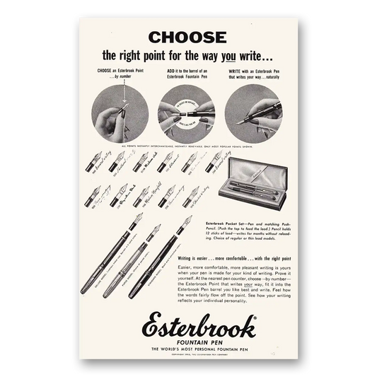 1953 Esterbrook Fountain Pen Right Point Vintage Magazine Print Ad