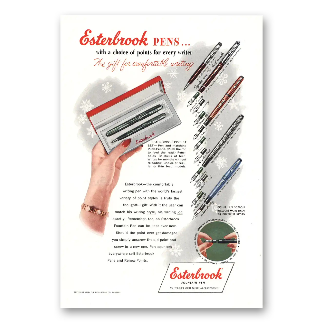 1953 Esterbrook Fountain Pen Choice of Points for Every Writer Vintage Magazine Print Ad