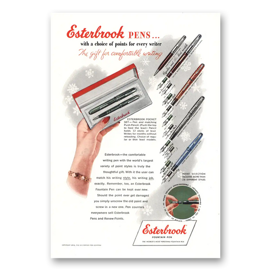 1953 Esterbrook Fountain Pen Choice of Points for Every Writer Vintage Magazine Print Ad