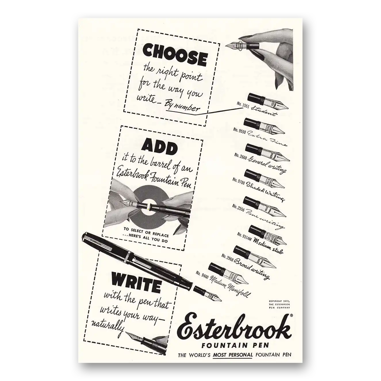 1953 Esterbrook Fountain Pen Right Point By Number Vintage Magazine Print Ad