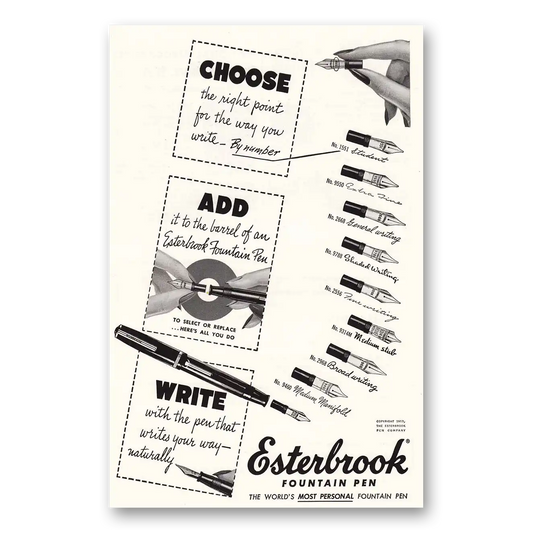 1953 Esterbrook Fountain Pen Right Point By Number Vintage Magazine Print Ad