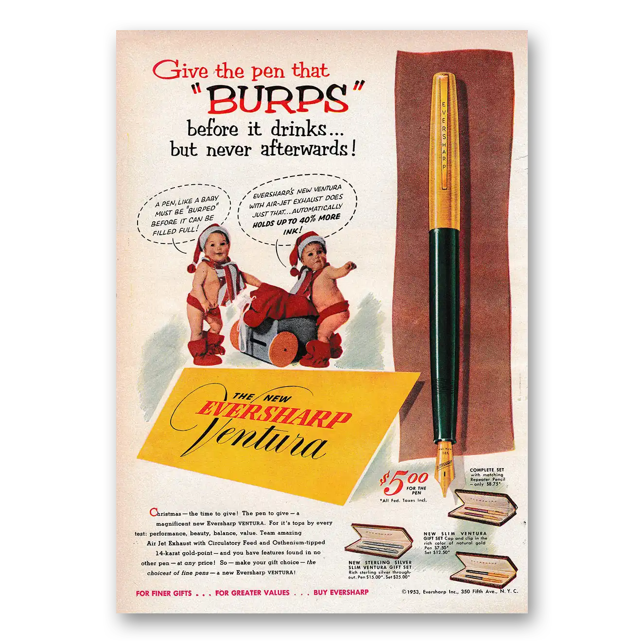 1953 Wahl Eversharp Ventura Give the Pen That Burps Vintage Magazine Print Ad