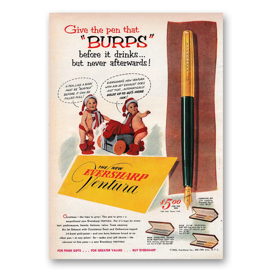 1953 Wahl Eversharp Ventura Give the Pen That Burps Vintage Magazine Print Ad