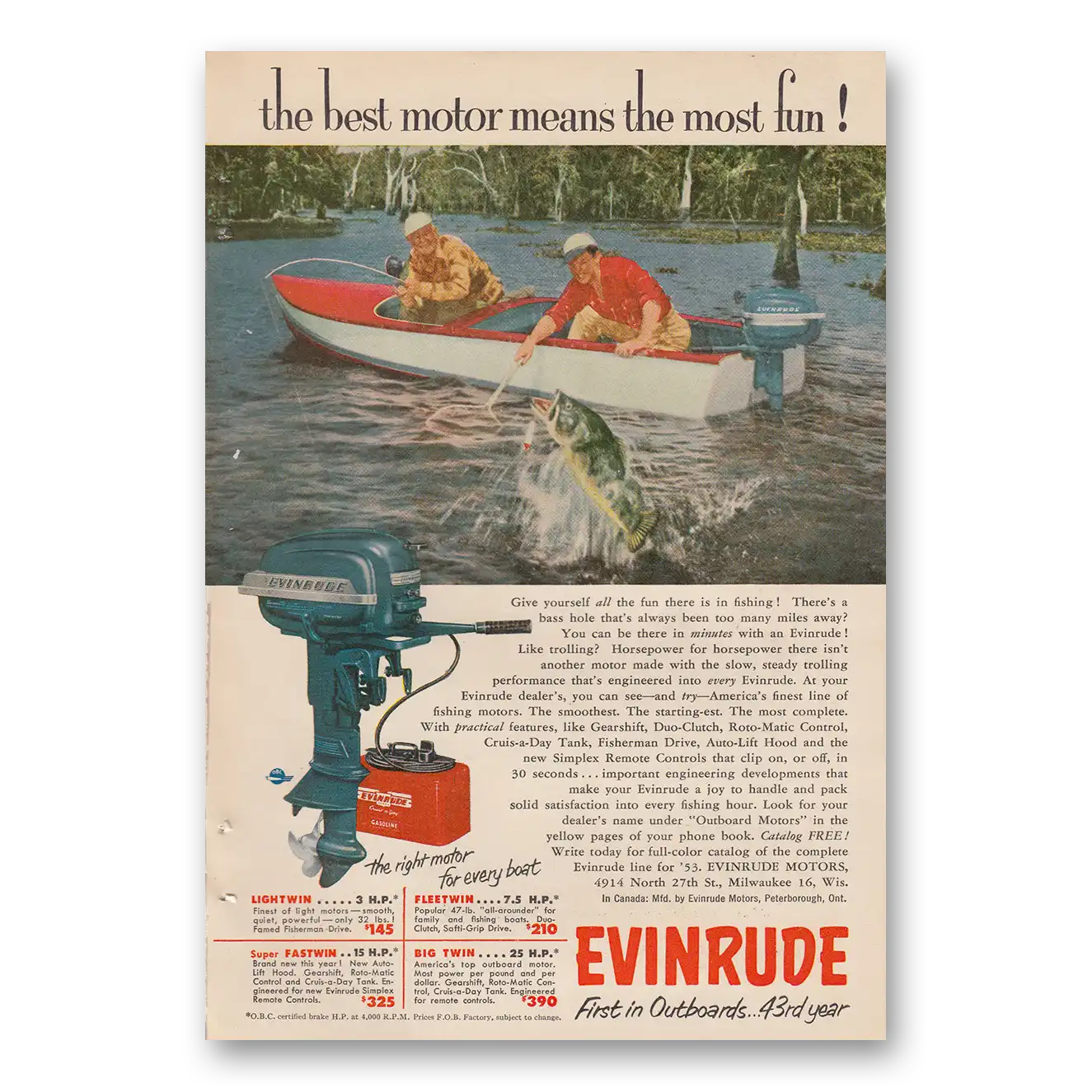 1953 Evinrude Best Motor Means the Most Fun Vintage Magazine Print Ad