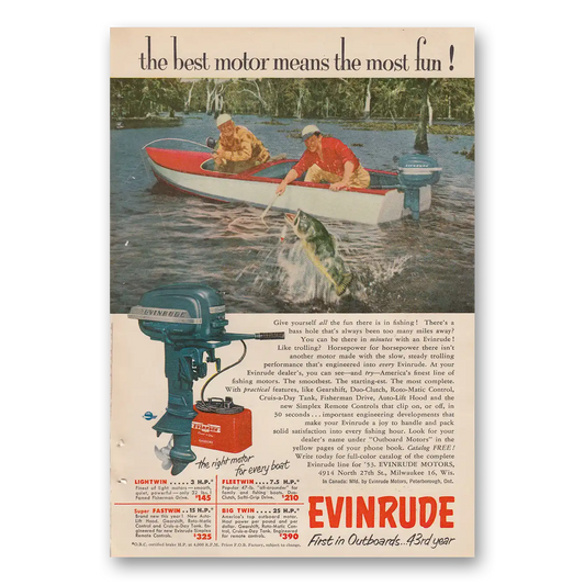 1953 Evinrude Best Motor Means the Most Fun Vintage Magazine Print Ad