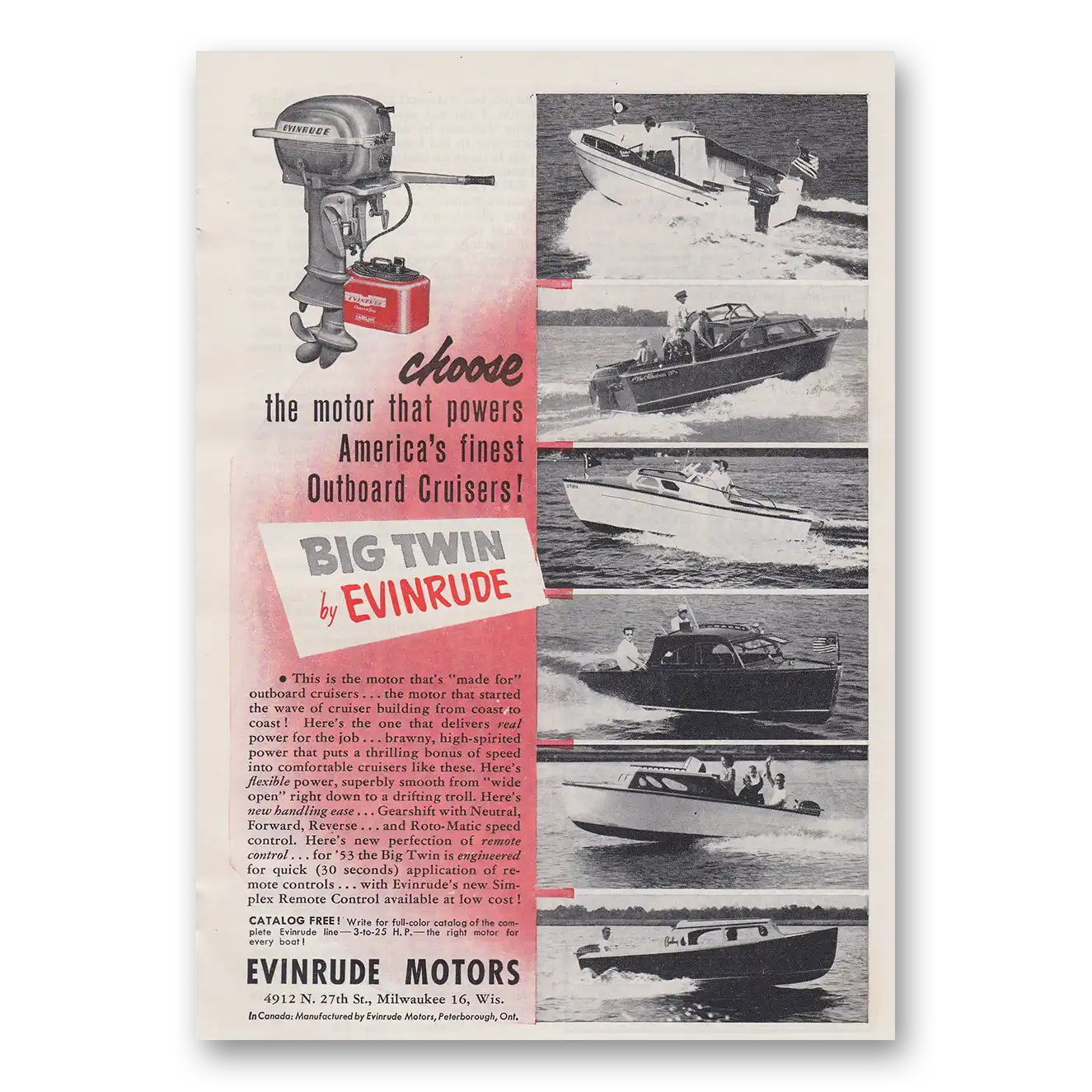 1953 Evinrude Motor That Powers Americas Finest Outboard Cruisers Vintage Magazine Print Ad