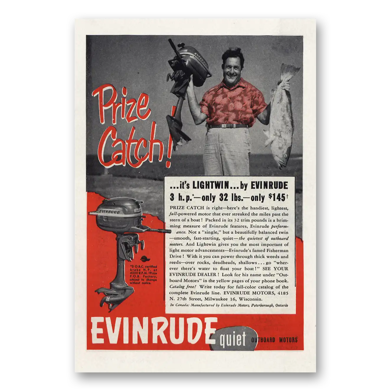 1953 Evinrude Prize Catch Lightwin Vintage Magazine Print Ad