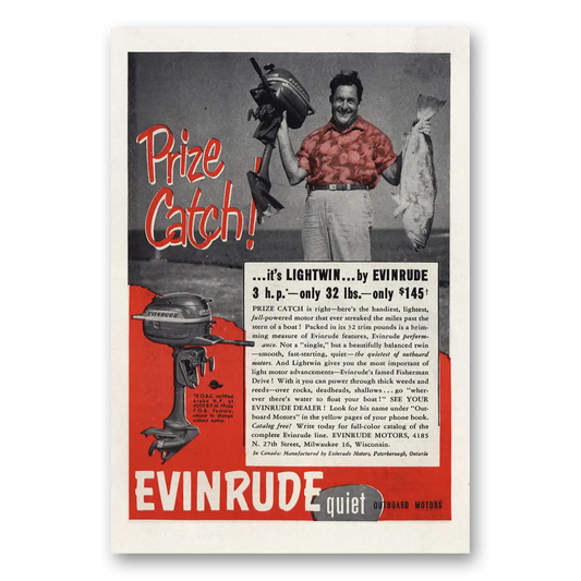 1953 Evinrude Prize Catch Lightwin Vintage Magazine Print Ad