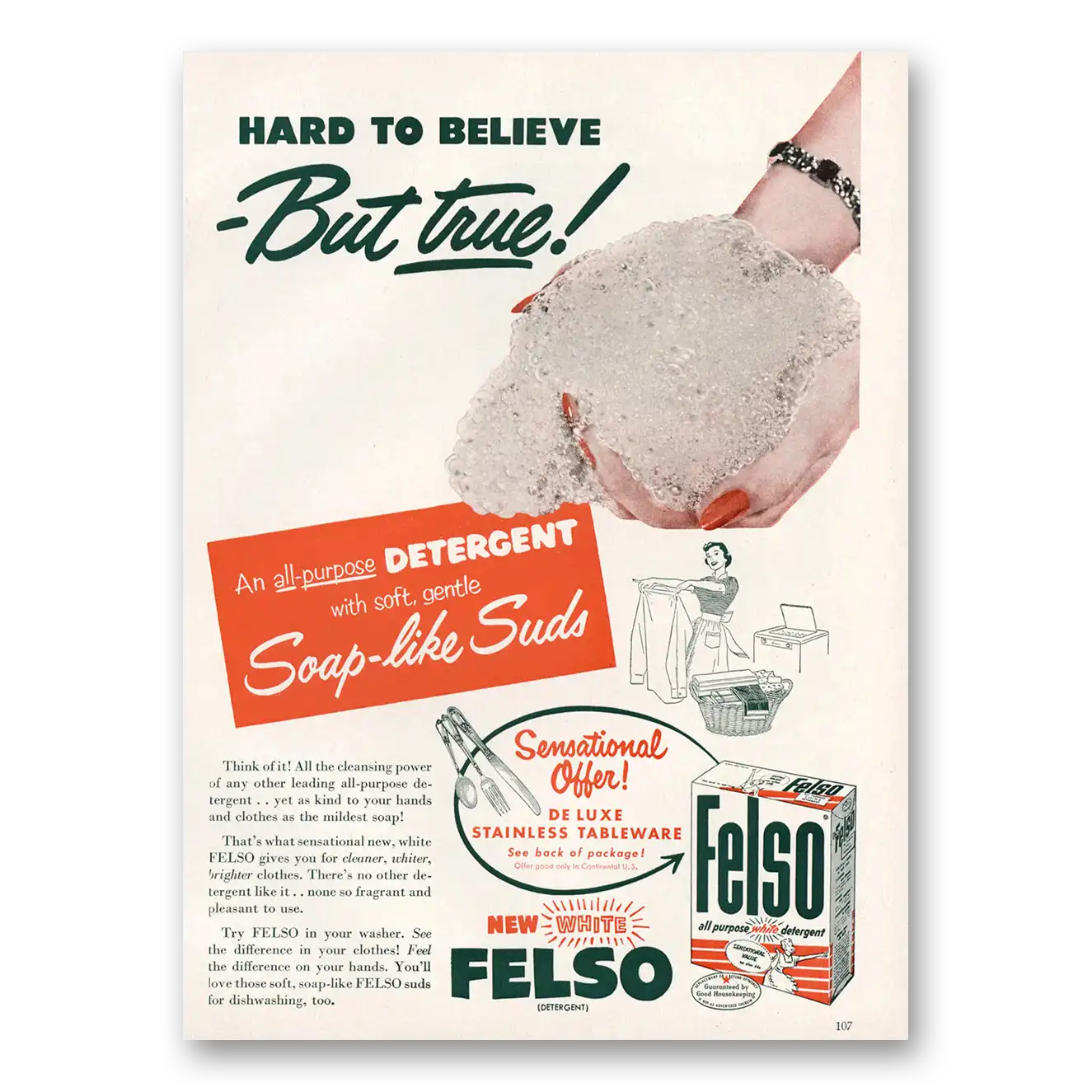 1953 Felso Cleaner Detergent Detergent Soap Like Suds Vintage Magazine Print Ad