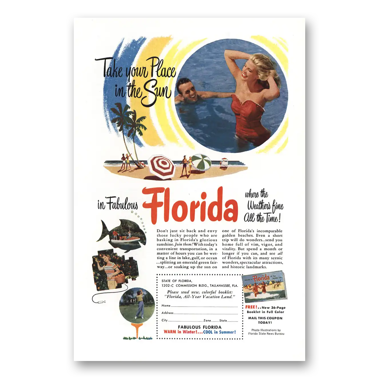 1953 Florida Weather's Fine All The Time Vintage Magazine Print Ad