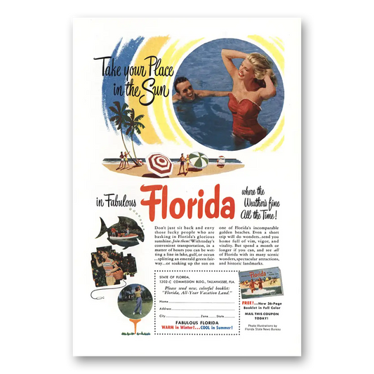 1953 Florida Weather's Fine All The Time Vintage Magazine Print Ad